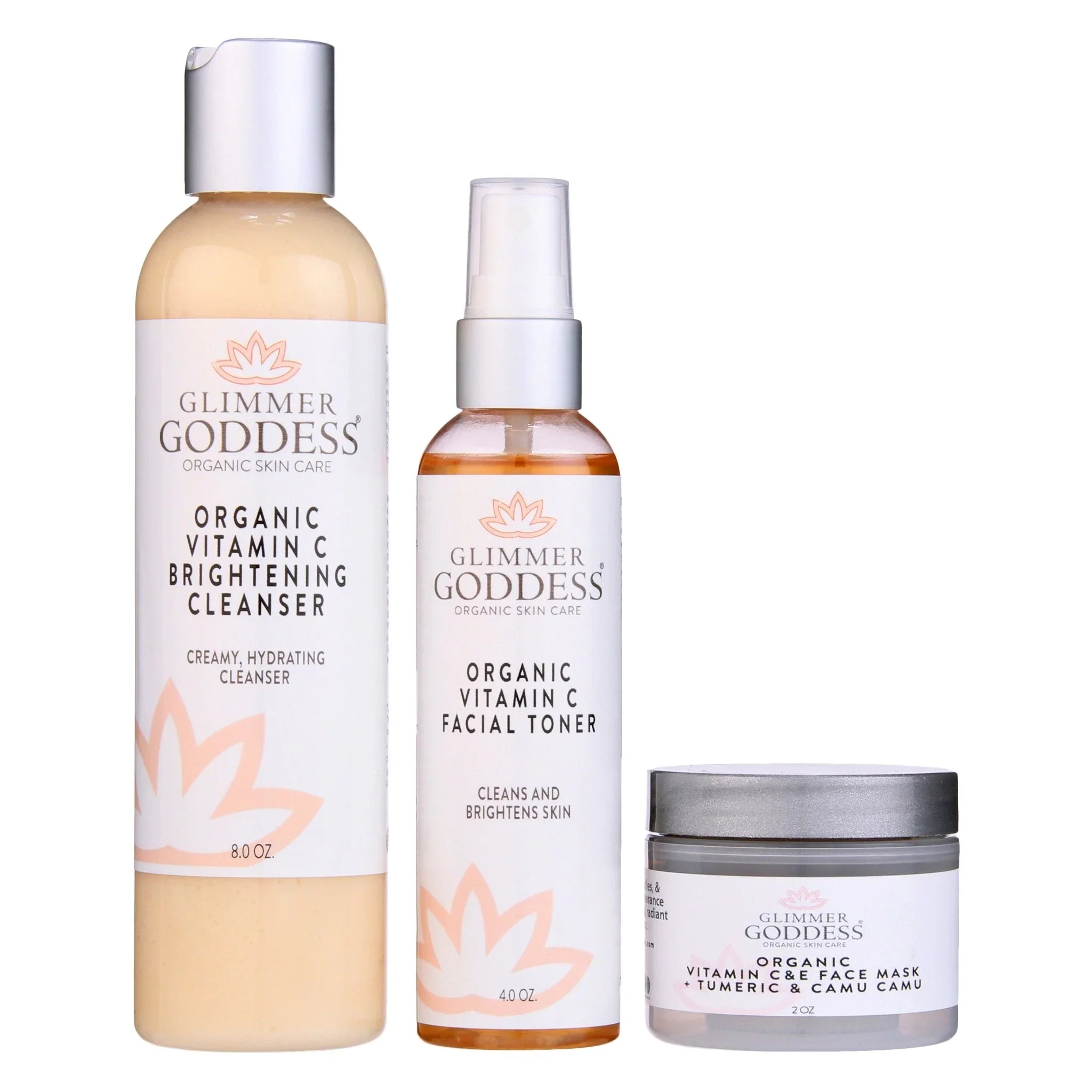 Glimmer Goddess organic Vitamin C brightening cleanser, facial toner, and vitamin C&E face mask skincare set