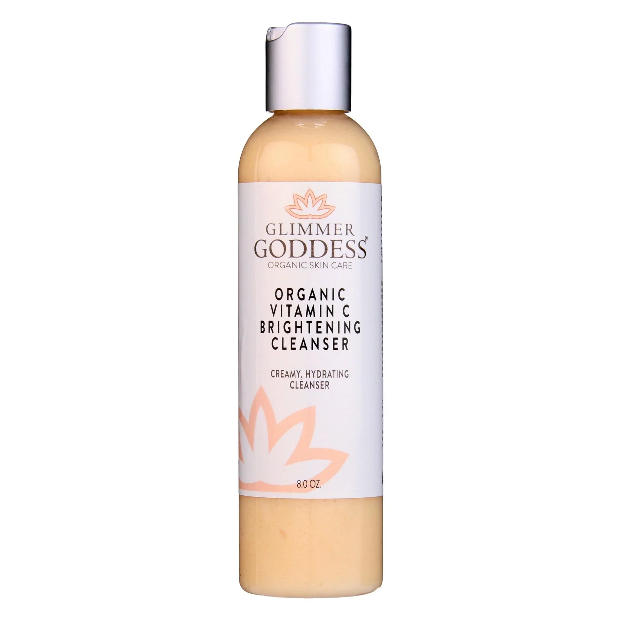 Glimmer Goddess organic vitamin C brightening cleanser in 8 oz beige bottle with silver cap