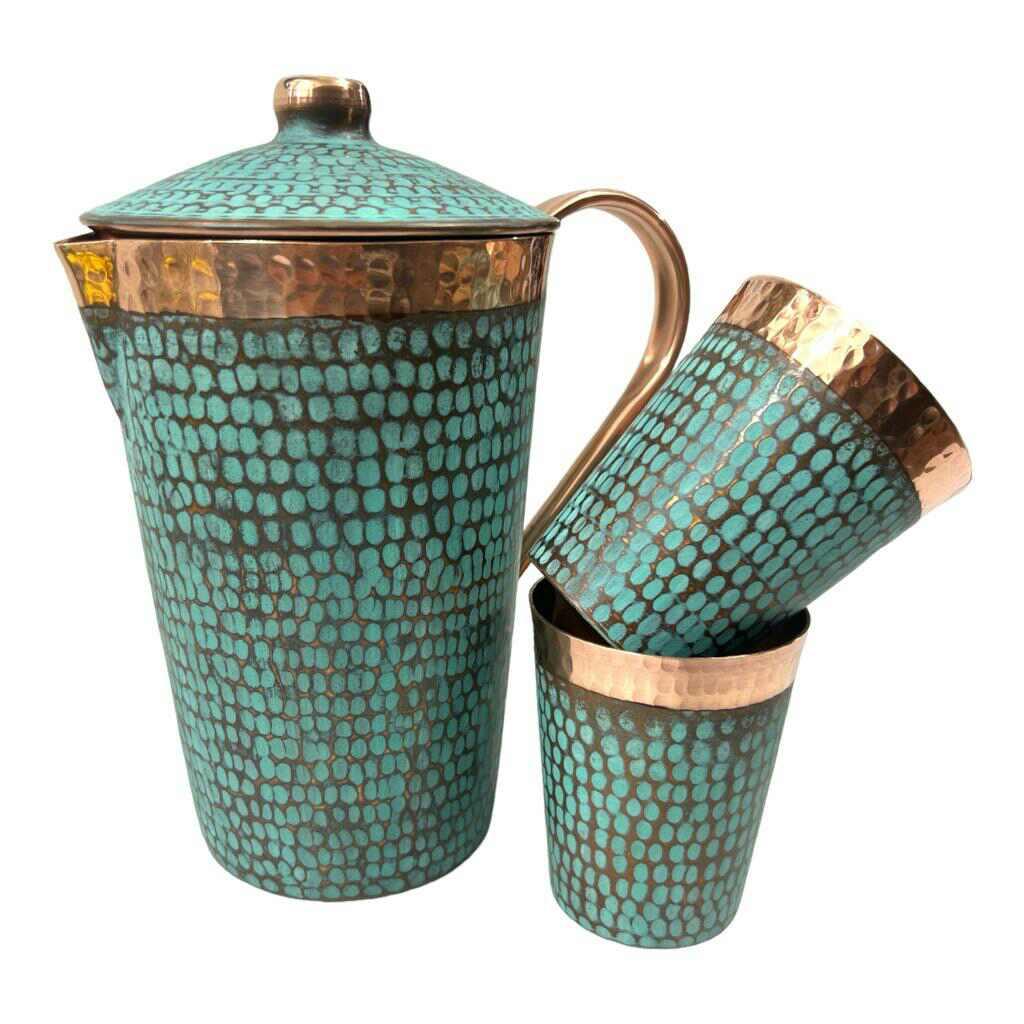 Turquoise and copper hammered pitcher with matching tumblers at Qu!rk Boutique