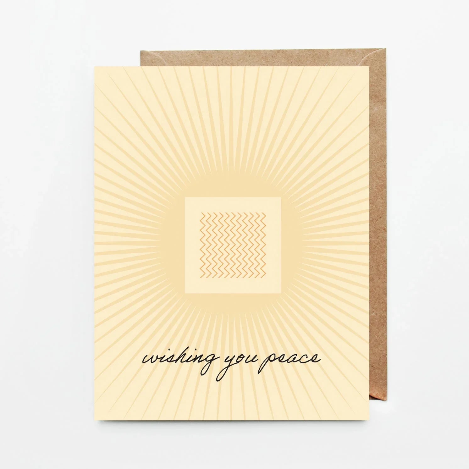 Beige greeting card with radiating lines, zigzag square, and text 'wishing you peace'