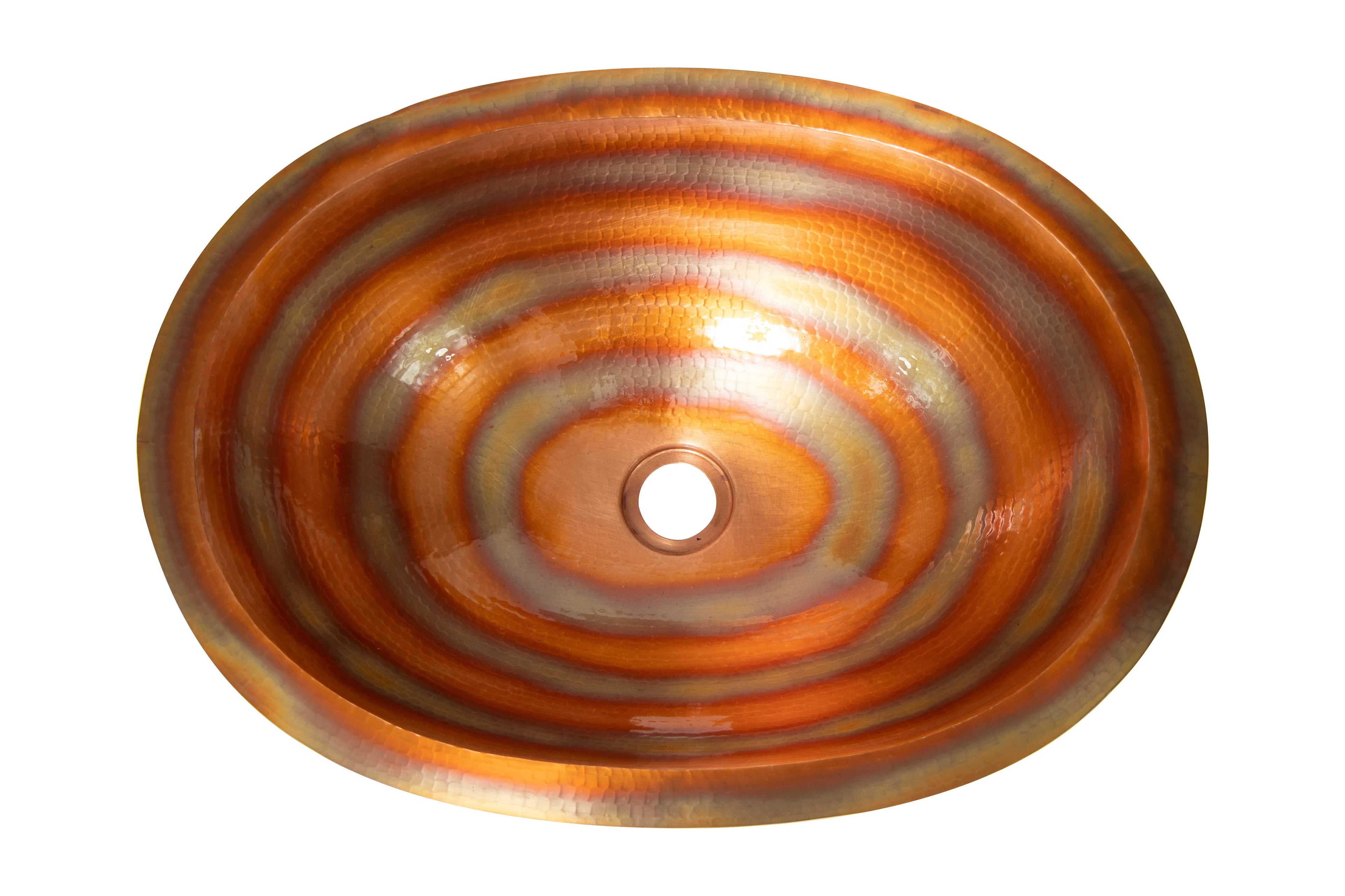 Artist-designed oval sink with cosmic orange and gold swirl pattern, Qu!rk Boutique exclusive