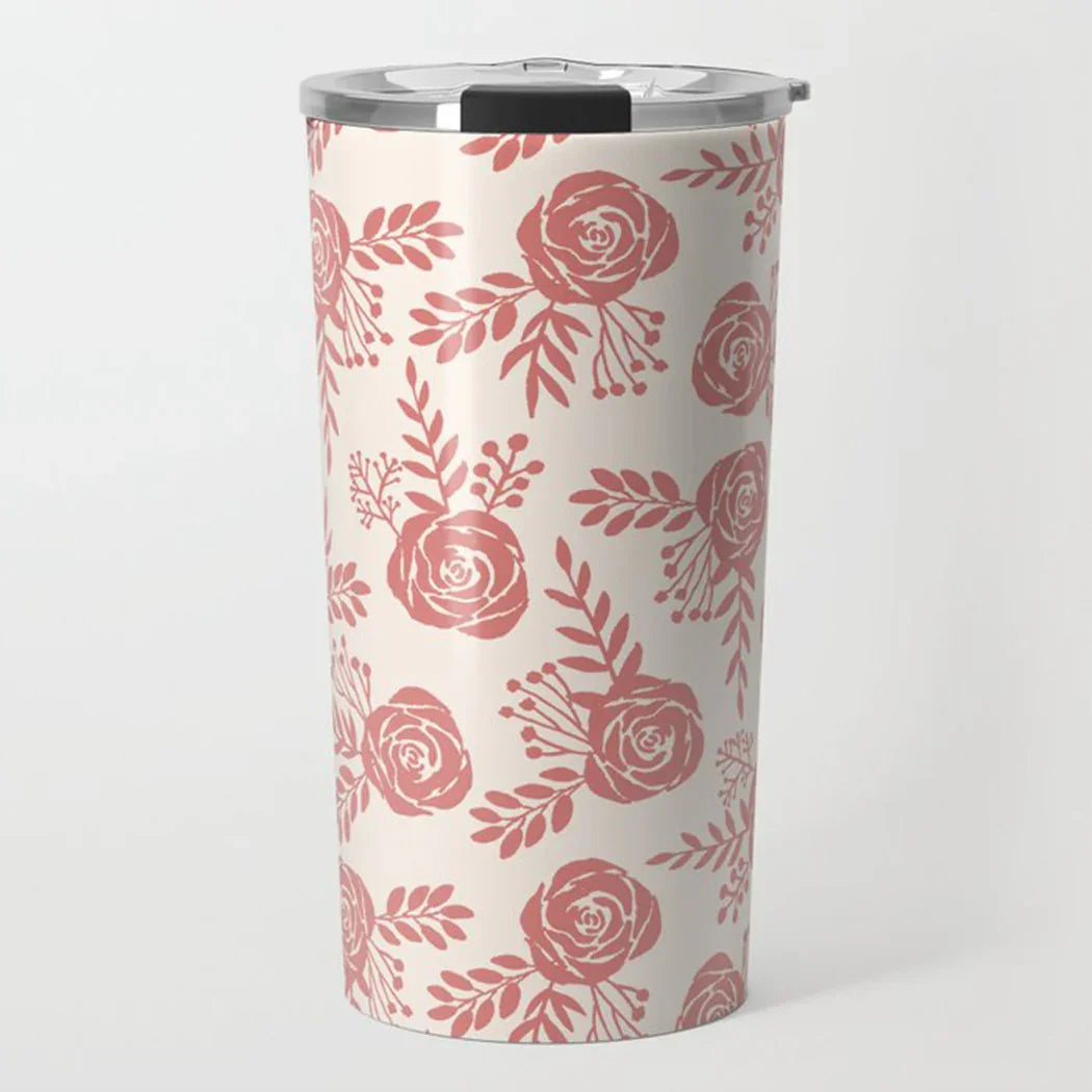 cream travel tumbler with red floral rose pattern and stainless steel lid