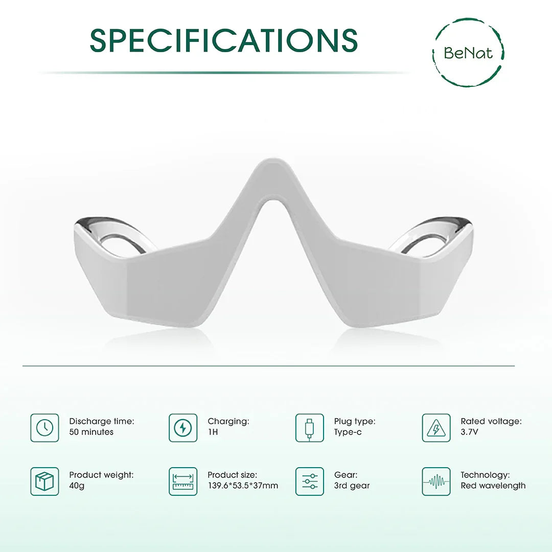 BeNat white wearable device front view with product specifications icons and details